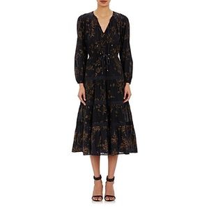Ulla Johnson Black Midi Dress with Gold Floral Print